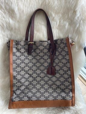 Vintage Celine Triomphe Macadame Beige & Brown Monogram Canvas Tote.